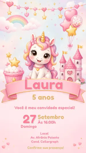 Convite de Aniversário Unicórnio Fofo para Editar