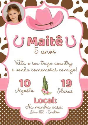 Convite Aniversário Country Boiadeira com Foto para Editar Online