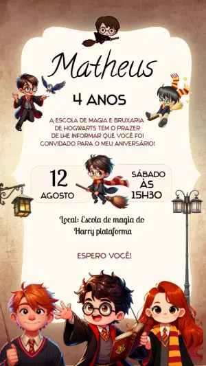 Convite de Aniversário Harry Potter Infantil Editável