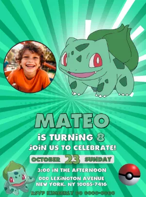 Editable Pokémon Birthday Invitation with Bulbasaur Template