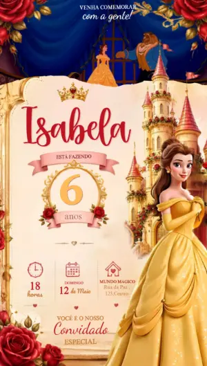 Vídeo Convite de Aniversário da Bela e a Fera Editável
