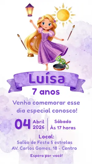 Convite de Aniversário Rapunzel Aquarela Lilás para Editar