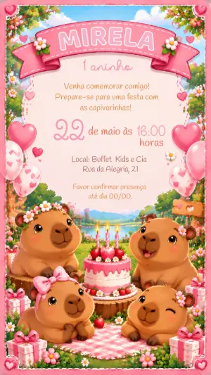 Convite de Aniversário Capivara Rosa para Editar