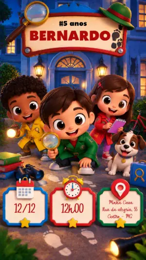 Convite de Aniversário Detetives Kids para Editar