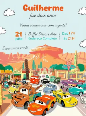 Convite Aniversário Carros Disney para Editar Online