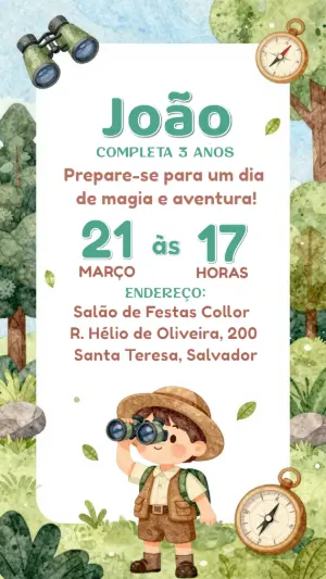 Convite de Aniversário Explorador Infantil para Editar