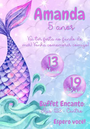 Convite de Aniversário Sereia Aquarela Modelo Editável