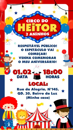 Convite Digital de Aniversário Tema Circo para Editar