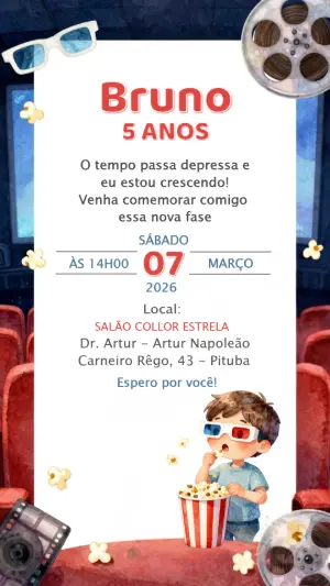 Convite de Aniversário Infantil Tema Cinema para Editar