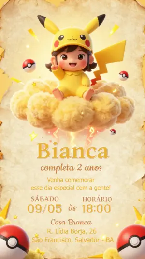 Convite de Aniversário Pikachu Fofo 3D para Editar