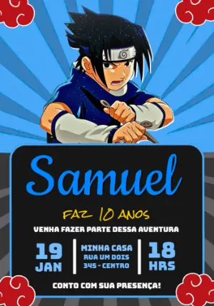 Convite Digital Aniversário Infantil Tema Sasuke Editável