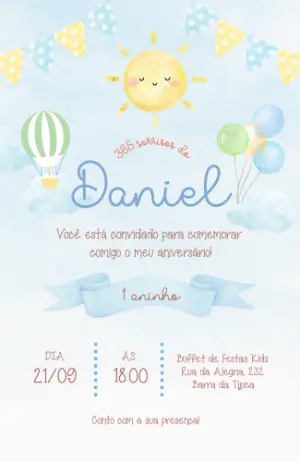 Convite de Aniversário Céu Aquarela Editável para Menino