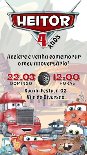 Convite de Aniversário Carros Aquarela para Editar e Enviar
