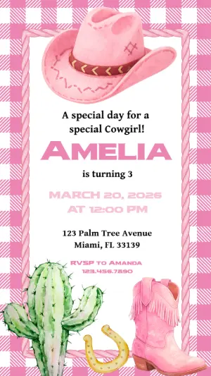 Pink Cowgirl Birthday Invitation Editable Template