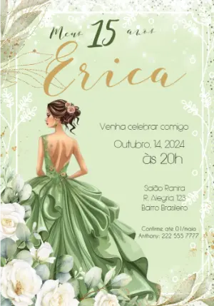 Convite de 15 Anos Verde e Dourado Modelo Editável