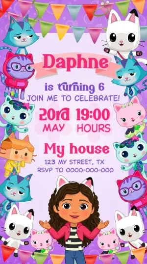 Dollhouse Cats Birthday Party Invitation - Editable Template