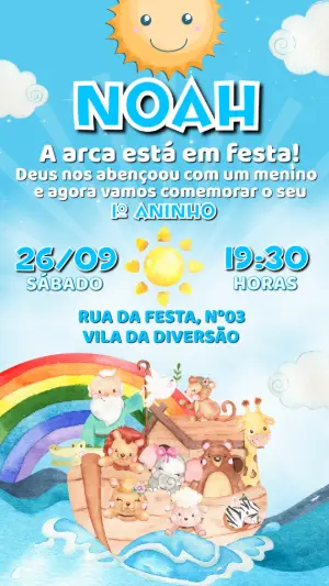 Convite de Aniversário Arca de Noé Fofo para Editar Online