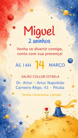 Convite de Aniversário Pequeno Príncipe Aquarela Editável