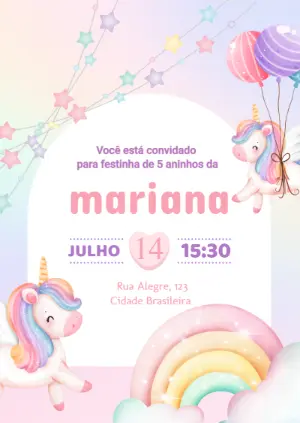 Convite de Aniversário Unicórnio Fofo Modelo Editável