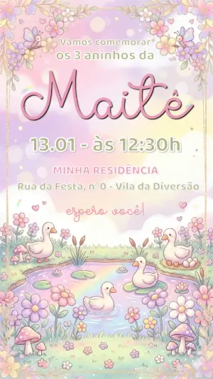 Convite de Aniversário Patinhos Fofos em Tons Pastéis Editável