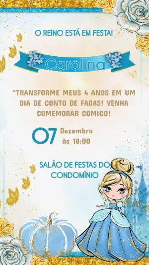 Convite de Aniversário Cinderela Azul e Dourado para Editar