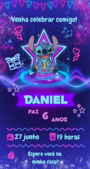 Convite Digital Stitch Festa Neon Editável