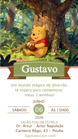 Convite de Aniversário Ursinho Pooh Editável para Menino