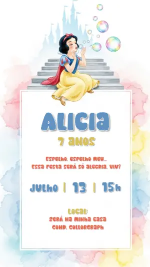 Convite Aniversário Branca de Neve Aquarela para Editar Online