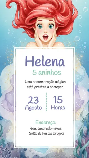 Convite Digital Ariel Pequena Sereia Aquarela para Editar
