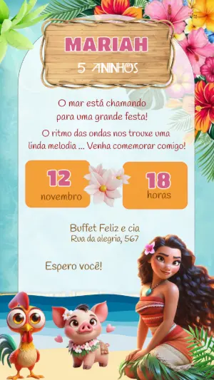 Convite Aniversário Moana e sua Turma para Editar Online