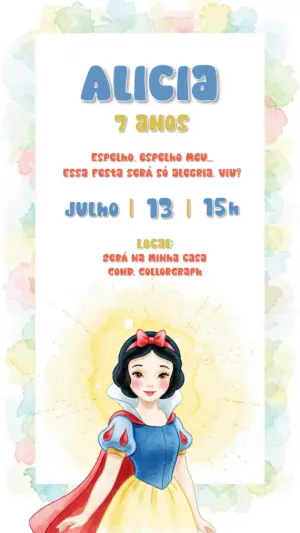 Convite Aniversário Branca de Neve Aquarela para Editar Online