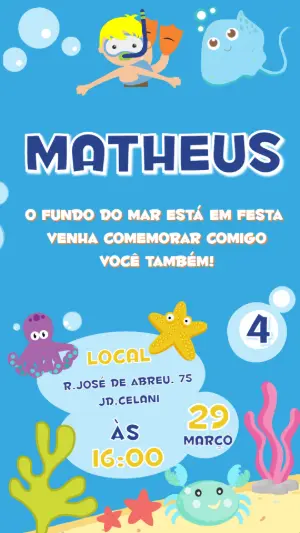 Convite Fundo do Mar Menino Loiro para Editar e Enviar