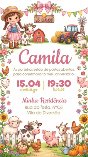 Convite de Aniversário Fazendinha Menina Editável