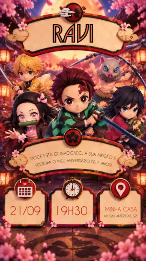 Convite de Aniversário Demon Slayer Editável para Festa Infantil