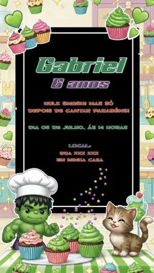Convite Aniversário Hulk Confeiteiro para Editar Online