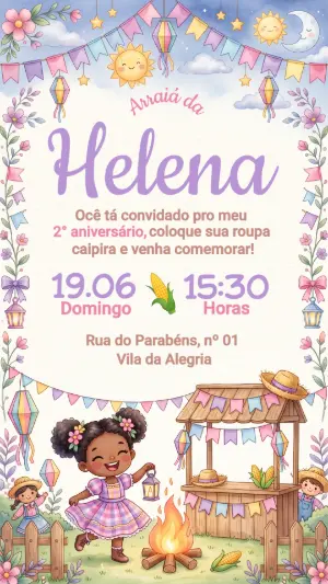 Convite Festa Junina Infantil Aquarela para Editar