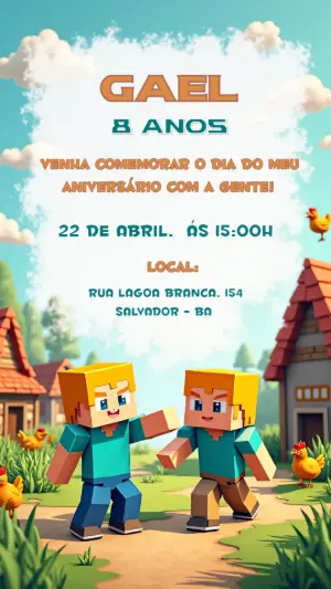 Convite de Aniversário Minecraft com Personagens para Editar