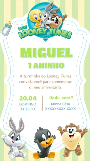 Convite Aniversário Baby Looney Tunes para Editar Online