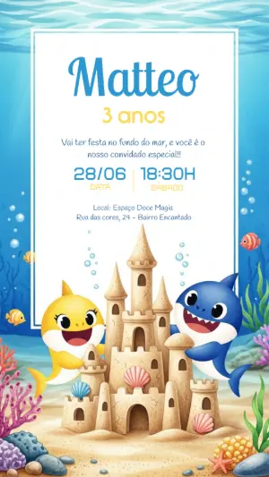 Convite Aniversário Baby Shark Fundo do Mar para Editar Online
