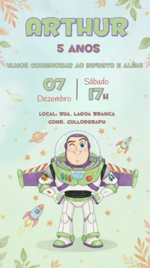 Convite de Aniversário Buzz Lightyear Aquarela para Editar
