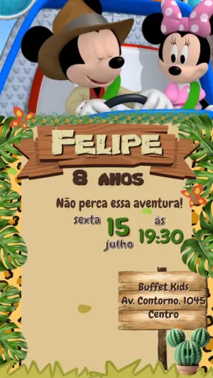 Convite Animado Aniversário Mickey Safari para Editar Online