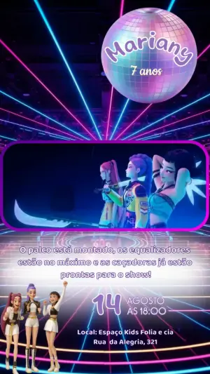 Convite Animado de Aniversário Guerreiras K-Pop para Editar