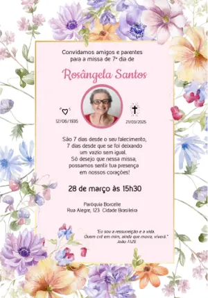 Convite de Missa Sétimo Dia Floral com Foto para Editar Online