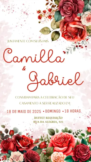 Convite de Casamento Floral com Rosas Vermelhas para Editar