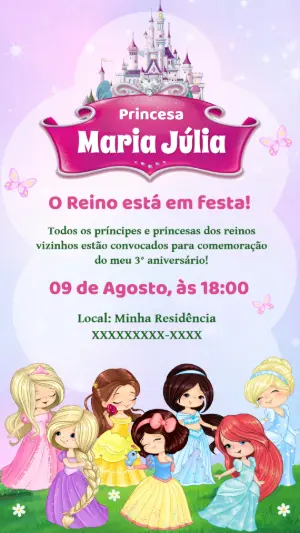 Convite de Aniversário Princesas para Editar Online