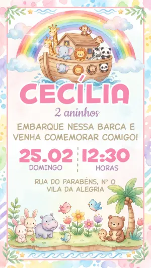 Convite de Aniversário Arca de Noé Menina Editável