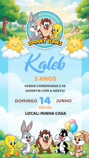 Convite de Aniversário Baby Looney Tunes Infantil para Editar