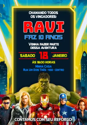 Convite de Aniversário Vingadores Heróis para Editar e Enviar