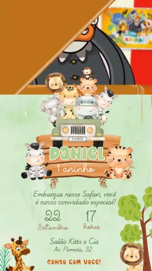 Convite Animado de Aniversário Safari dos Animais Editável