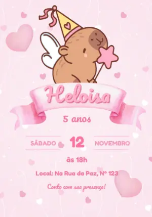 Convite Editável Aniversário Tema Capivara Fada Rosa